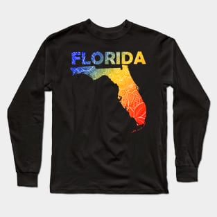 Colorful mandala art map of Florida with text in blue, yellow, and red Long Sleeve T-Shirt